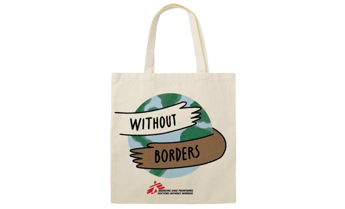 Médecins Sans Frontières / Doctors Without Borders tote bag with "Without Borders" written on the front.