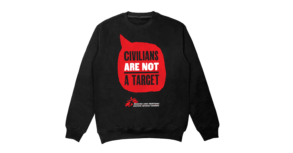 Black sweatshirt that says "Civilians are not a target" on the front.